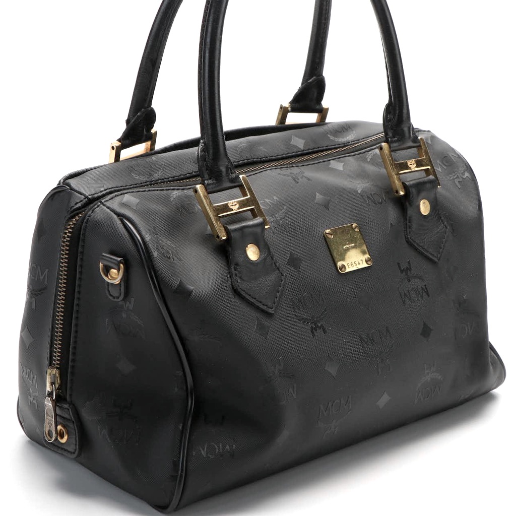Mcm Boston Bag In Black Visetos Monogram With Leather Trim